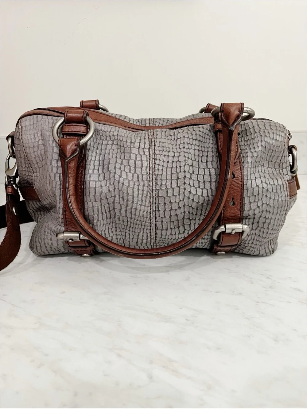 Fossil Maddox Long Live Vintage Snakeskin Embossed Leather Satchel Crossbody Bag